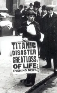 Workers Prints: A newspaper boy spreads the news of the sinking of the Titanic to bystanders outside