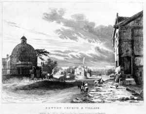 19th Century Prints: Newton Church and village with the London and Machester Railway passing in the background