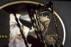 Man, Myth And Magic Prints: NOSTRADAMUS - Fantasy portrait of Nostradamus with hour-glass