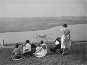 Nursemaids in Rochester, Kent, have a good view of the flying boat tests on