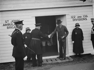 Uniforms Prints: The official opening of the St Johns Ambulance hut at Kemnal Corner, Sidcup, Kent