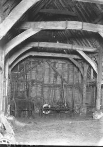 Wood Prints: An old barn at Stonehall Farm, Oxted, Surrey, to be demolished and the materials