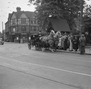An old fashion wedding at Eltham Parish church. The wedding carriage. 1936