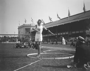 Olympic Games Prints: Olympic Games at Antwerp Helge L?vland (NOR) throwing in the pentathlon 17 August 1920