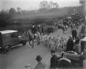 Opening meet of the Quorn Hunt at Kirby Gate. Hounds leading the field. 10 November