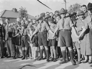 Opening of the Wardona Cinema in Swanscombe, Kent. Scouts link hands to try