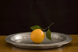 Citrus Prints: Orange with leaves on pewter charger credit: Marie-Louise Avery / thePictureKitchen
