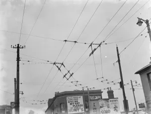 Overhead electrical trolleybus wires. 1937