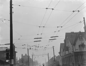 Overhead electrical trolleybus wires. 1937