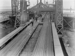 Workers Prints: An overview of the Richborough Train Ferry on the east coast of Kent showing the ramp between boat
