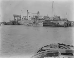 An overview of the Richborough Train Ferry on the east coast of Kent showing the ramp between boat