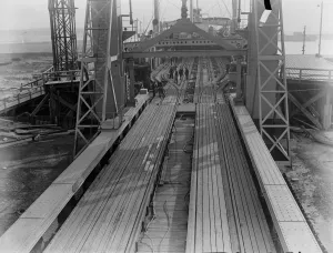 An overview of the Richborough Train Ferry on the east coast of Kent showing the ramp between boat