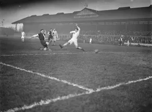 Oxford versus Cambridge football match at Stamford Bridge E R T Holmes scoring