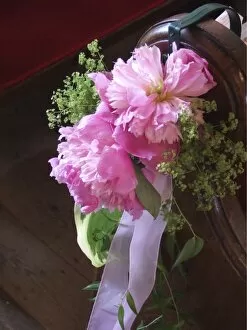 Floral Collection: Paeonies and alchemilla mollis as pew end decoration, for summer wedding in country