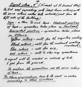 A page from a Soviet notebook giving directions to the member of the Royal Canadian
