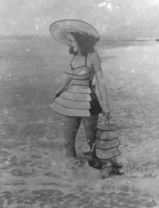 Pagoda Bathing Fashion. Woven Wood New Material For Costumes Design By Former Airwoman