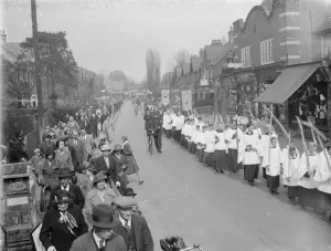 Palm Sunday procession through the High Street, Orpington, Kent. 1935