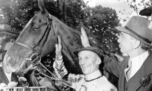 Paris. France: the crack Irish colt Ballymoss receives congratulations from jockey