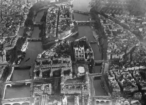 Paris as seen from the air. Showing in the foreground, the Ile de la Cite with Notre Dame