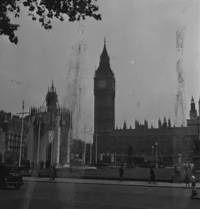 Topography Prints: Parliament Square, London, decorated figure victory celebrations will stop when