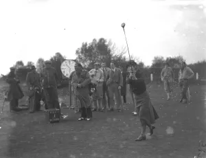 Golfer Prints: Parliamentary Golf match at Walton Heath Lady Nancy Astor drives off. 1938
