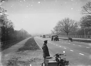An a patrolman watching the traffic on the new Sidcup By - Pass. 1935