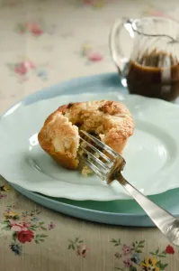 Pear and walnut muffin with toffee sauce credit: Marie-Louise Avery / thePictureKitchen