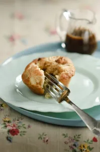 Pear and walnut muffin with toffee sauce credit: Marie-Louise Avery / thePictureKitchen