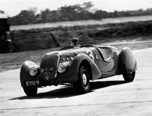 Motorcar Prints: Peugeot two seater taking part in the Fastest Road Car race at Brooklands in May 1939