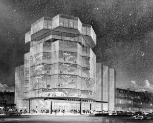 Theatre Prints: A photograph of an architects model of the revolutionary glass encased new theatre