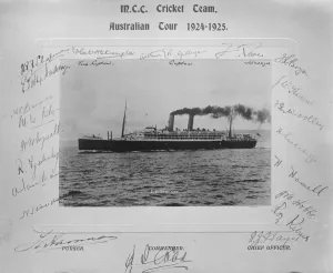 Around a photograph of the SS Ormonde the signatures of the MCC Cricket team