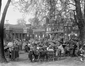 Fashion Designer Prints: Polo at Ranelagh. Visitors taking tea in the open air. May 1925