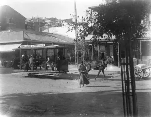 In Port Said, Egypt, the worlds oldest traditional tramway. The horses are roped