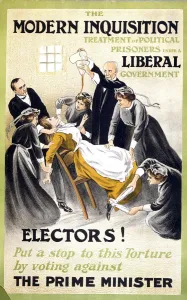 A poster showing a suffragette being forced fed issued as an election poster by