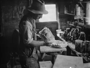 Craft Prints: Pottery maker Mr Sadler filling sides of a rabbit mould with clay. 1938