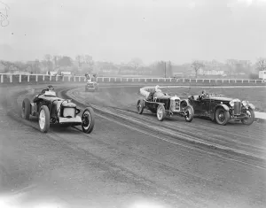 Practicing for new high speed motor track racing at Greenford. A new high speed