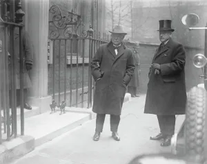 Full Length Prints: The Premiers return. Mr Lloyd George with Mr McCurdy photographed outside no
