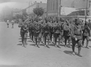 Preparing for the Royal Wedding at Belgrade. The Royal Guards Band marching through
