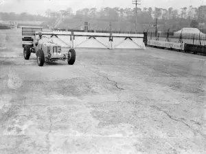 Prince Bira practises for international trophy race at Brooklands. Drivers prepared