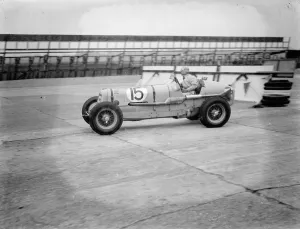 Prince Bira practises for international trophy race at Brooklands. Drivers prepared