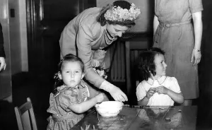 Playing Prints: Princess Elizabeth chatting to two of the tiny tots during her visit to Edzell Lodge