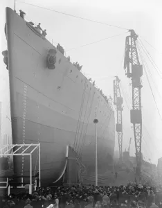 Princess Mary launches the battleship Rodney at Messrs. Cammell Lairdss yard, Birkenhead