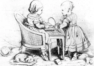 The Princess Royal and the Prince of Wales playing with their toys, sketch by Queen