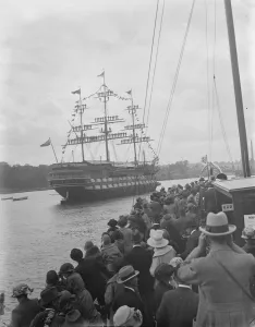 Prize day on HMS Worcester. The Worcester dress ship, showing relatives