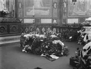 Queen Alexandras burial at Windsor. The coffin resting in front of the altar