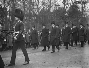 Queen Alexandras funeral at Sandringham. The Royal mourners walking in