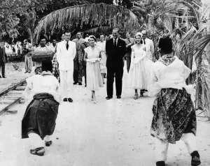 Monarch Prints: Queen Elizabeth II and the Duke of Edinburgh greeted by a welcome dance performed