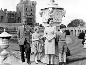 Fifties Prints: The Queen Elizabeth II with her family at Windsor Castle on top of the East Terrace
