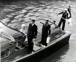 Sailor Prints: The Queen Mother arrives by Royal barge at Portsmouth 28th April 1962