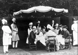 Queen Victoria at breakfast in Osborne Gardens with the Duke of Connaught